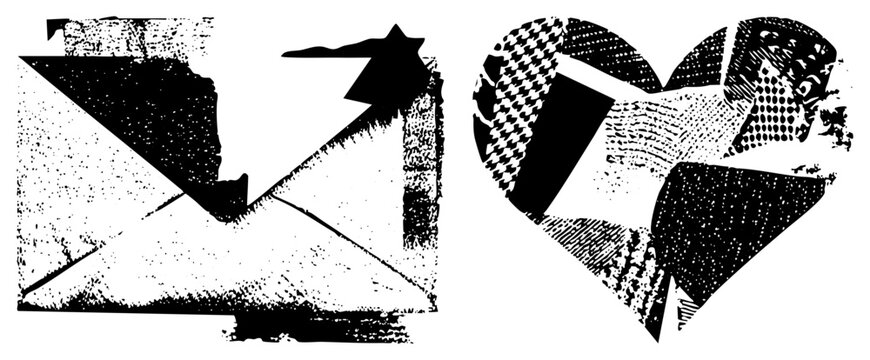 Stylized heart and envelope composed of fragmented geometric shapes, halftone textures, and stark black and white contrast, ideal for graphic design or retro digital art.