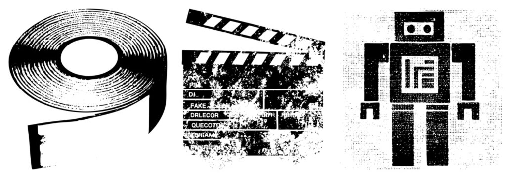 Stylized film reel with spiral grooves, weathered clapperboard with fake credits, pixelated robot with halftone texture classic cinema and retro tech symbols.