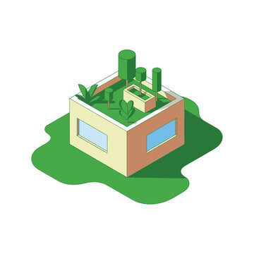 Isometric eco house, green roof garden with plants, sustainable architecture illustration, climate action campaign, home brochure, renewable living vector design
