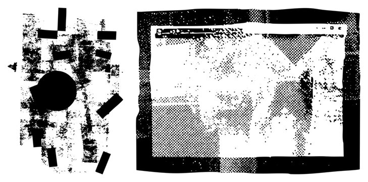 Fragmented digital glitch with halftone dots, black rectangular fragments, circular voids, and distorted screen like forms, vector art with noise texture.