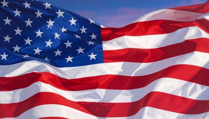 Fototapeta premium American Flag in the Wind: A vibrant American flag waves proudly against a clear blue sky, symbolizing freedom, patriotism, and the spirit of the nation. 