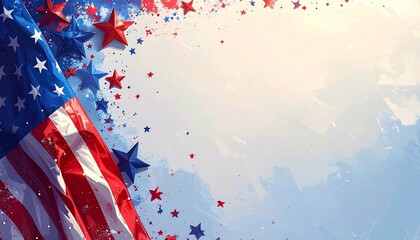 Obraz premium American Flag and Patriotic Display: The American flag unfurls gracefully, embraced by a cascade of red, white, and blue stars, symbols of freedom, and patriotism, and the spirit of the nation.
