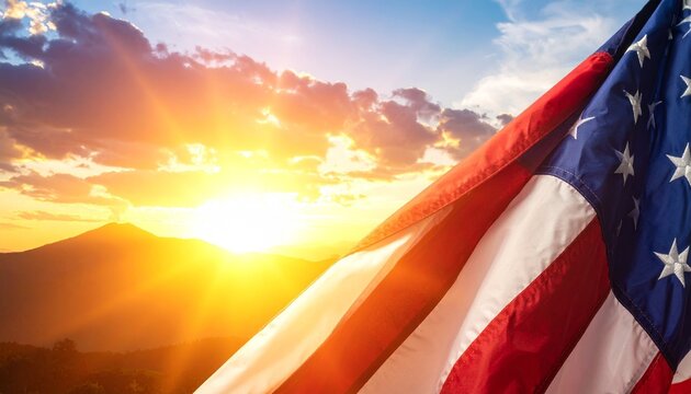 United States Flag at Sunset: An evocative image of the United States flag billowing proudly in the breeze, with a majestic sunset casting a warm glow, representing freedom, patriotism.