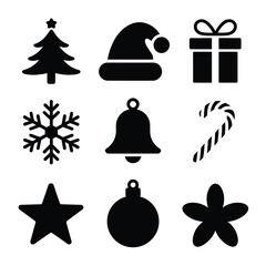 Fototapeta premium Holiday party icons set, christmas tree santa hat gift snowflake bell candy cane star ornament, silhouette vector, celebration banner design