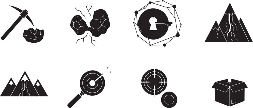 Black and white icons of mining and discovery tools