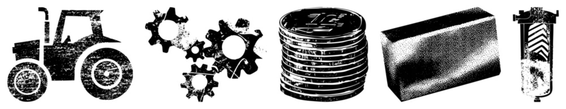 Agricultural tractor, interlocking gears, coin stack, concrete block, filtration unit all isolated vector graphics, halftone texture,, industrial.