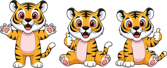 Obraz premium Cute Cartoon Tiger Cubs Set with Different Poses and Expressions, Adorable Baby Tigers for Kids Illustration, Mascots, Stickers, and Animal Design Collection