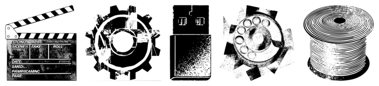 Film production clapperboard, mechanical gear, USB flash drive, rotary telephone dial, wire spool isolated vector for design, tech, or projects.