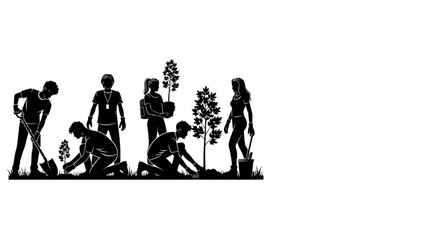 Obraz premium Group of volunteers planting trees in a reforestation project silhouette.
