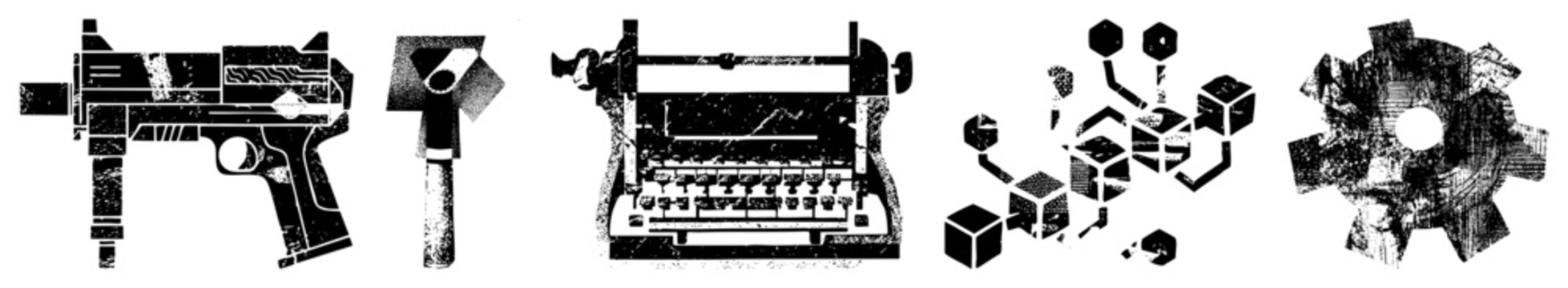 Vintage typewriter keys, vintage hammer, stylized gun, abstract cubes, industrial gear flat vector, isolated elements, design, graphic symbols.