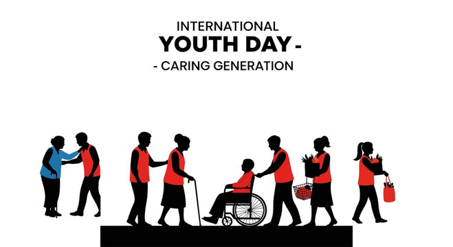 Silhouettes of volunteers helping elderly and people in need on International Youth Day.
