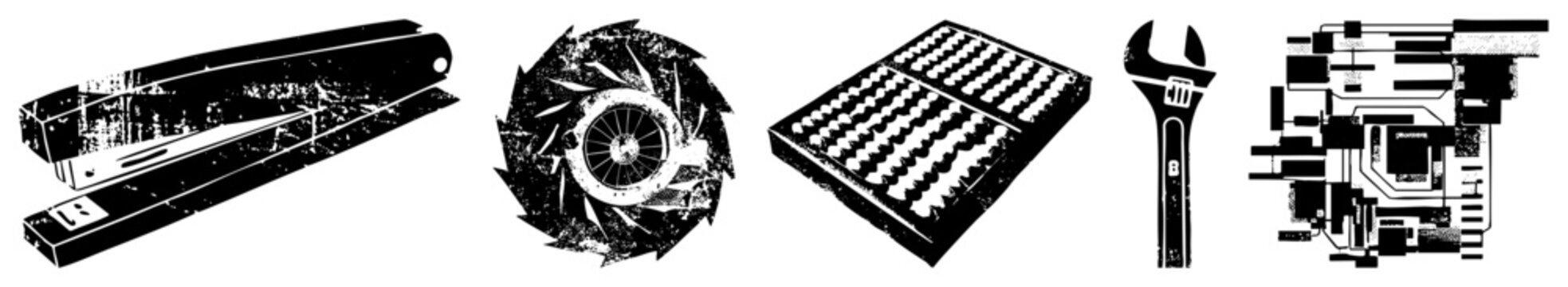 Stapler, gear wheel, abacus, wrench, circuit board retro mechanical objects with distressed texture, flat design, industrial utility.