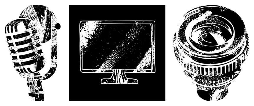 Retro microphone, computer monitor, camera lens, distressed vector, stylized tech gear, design, digital symbols.