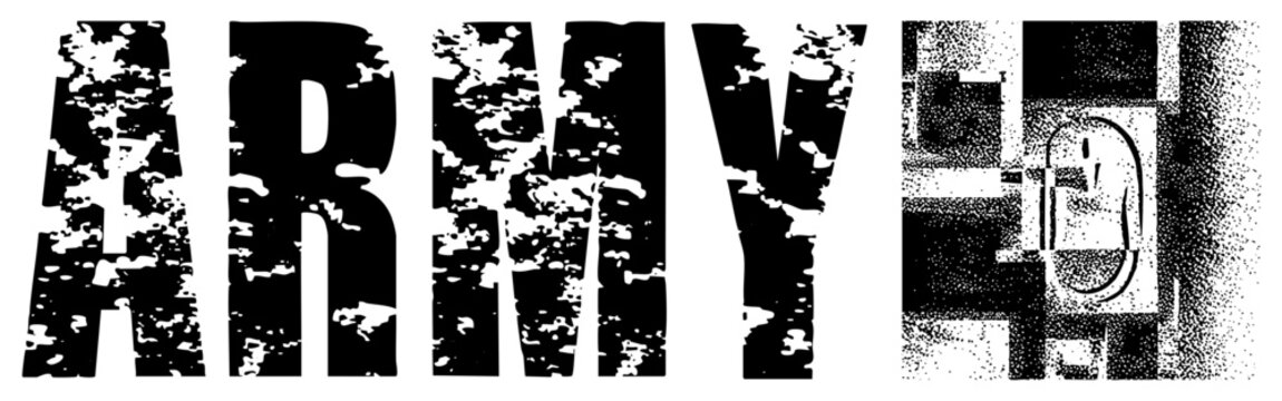 Stylized military wordmark with distressed texture, halftone abstract shapes, bold typography, graphic design element, stencil aesthetic, vector illustration.