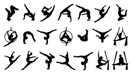 Gymnastics silhouette collection, 21 acrobatic athlete icons, aerial yoga and circus performer vector set, rhythmic gymnastics and dance poses © Faisal