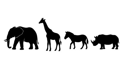 African safari animal silhouettes, black elephant giraffe zebra and rhino vector set, wild savanna fauna collection on white background © Faisal