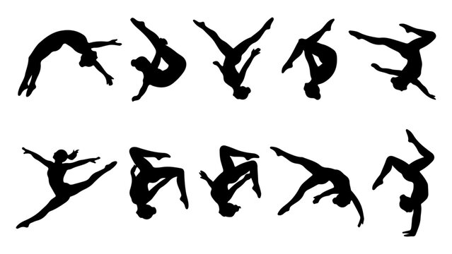 Gymnastics silhouettes set of 10 vector elements, female gymnast performing acrobatic flips and jumps, athletic woman in dynamic poses