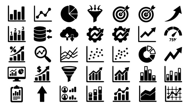 Data analytics icon set, 42 black business chart and graph vector symbols, financial growth and marketing statistics infographics for dashboard design