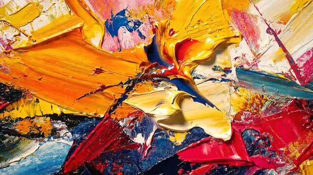 Abstract expressionist artwork with vibrant brushstrokes and a dynamic composition, full of color.