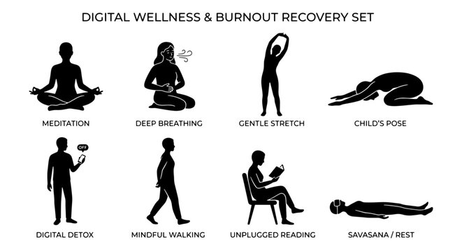 Digital wellness and burnout recovery set, 8 black silhouette icons for mental health and stress relief, meditation and yoga poses vector collection