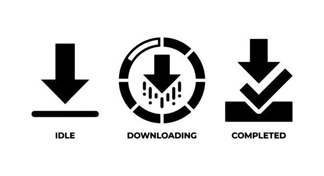 Download status icon set with idle, downloading, and completed states. Black vector symbols for file transfer progress and software installation UI.
