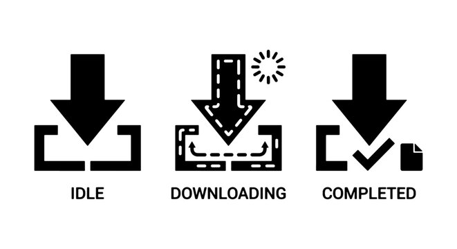 Minimalist download progress icons, black vector arrow symbols for idle downloading and completed states, functional UI design elements
