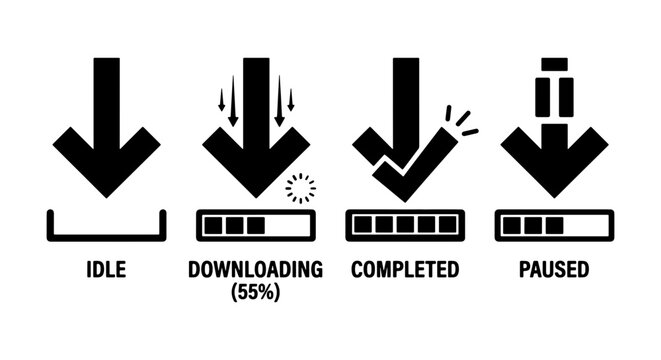 Minimalist download progress icons set, black vector arrows showing idle downloading 55 percent completed and paused status, interface loading symbols