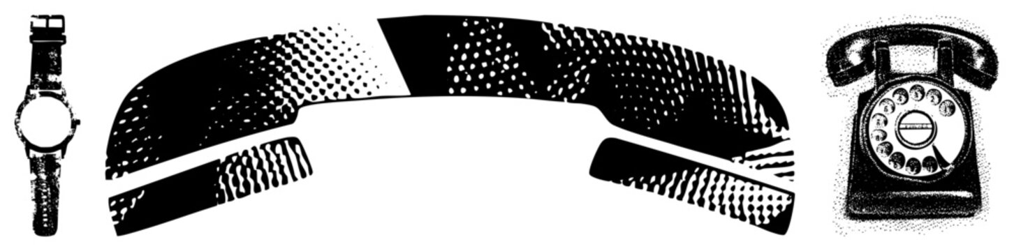 Retro rotary telephone with dial, wristwatch with strap, halftone, vector art, classic communication devices, analog tech.