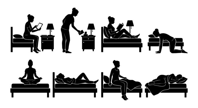 Black silhouette woman in bed set, female character sleeping and reading in bedroom, 8 vector icons of nighttime routine and sleep positions