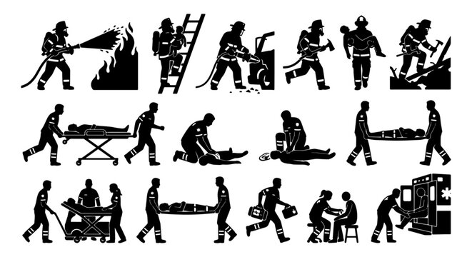 Firefighter and paramedic silhouette icons, emergency rescue service vector set, first responder medical team and firemen action figures