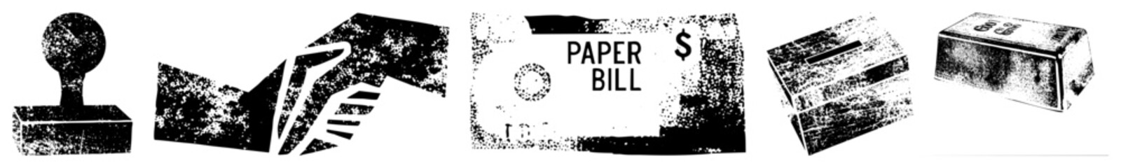 Obraz premium Stylized stamp, handshake, paper bill, stack of coins, gold bar financial, business symbols, monetary assets, economic transactions, wealth representation.