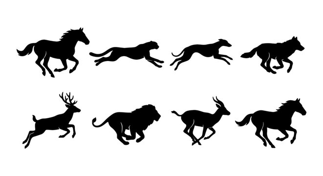 Running animals silhouette collection, 8 black vector icons of wild wildlife in motion, galloping horse and lion silhouettes for nature design