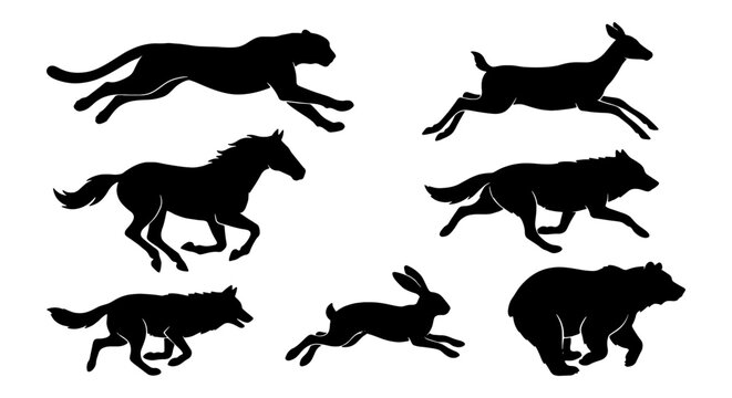 Running wild animal silhouettes set, black predator and prey vector icons, galloping horse and cheetah silhouettes on white background