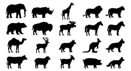 Wild animal silhouettes collection, set of 20 black vector icons, safari and farm animal shapes on white background, wildlife fauna profile graphics © Shohidul