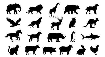Black animal silhouettes collection, set of 20 wild and domestic animal vector icons, minimalist zoo and farm animal shapes on white background © Shohidul
