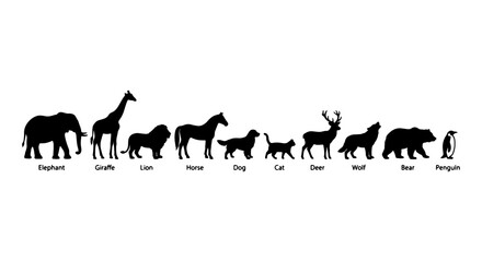Black animal silhouettes set, collection of 10 wild and domestic animal icons, minimalist wildlife vector graphics for educational posters and logos © Shohidul