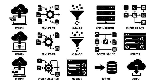 Data processing icons set, black vector symbols for ETL pipeline and cloud computing, information technology workflow elements for system execution