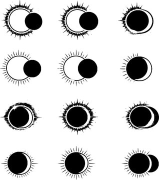 Solar Eclipse Stages Black and White Vector Icon Set