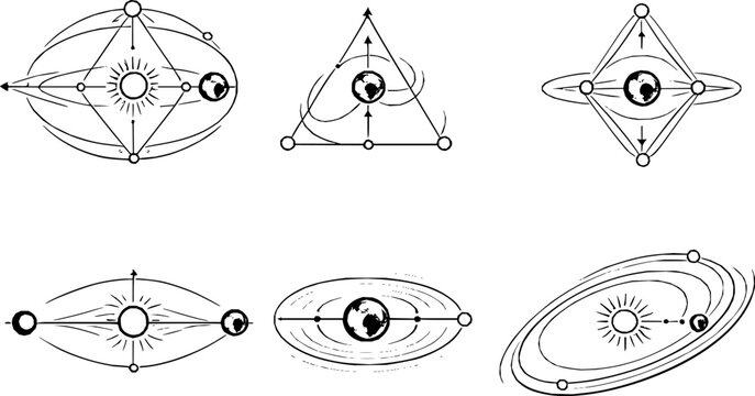 Sun Earth Lagrange Points Monochrome Vector Infographic Set