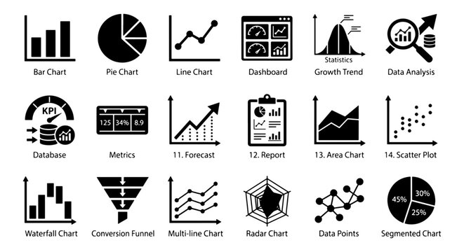 Data analysis and business statistics icons, set of 18 black solid vector charts, financial dashboard and marketing metrics for report design