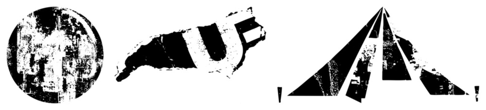 Fragmented circular, stylized &ldquo;UF&rdquo; text, and angular triangular forms with distressed texture, vector art, graphic design elements.