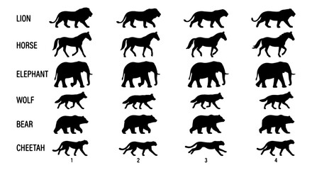 Animal walk cycle animation sprites, black silhouette wildlife movement frames, set of 24 vector icons featuring lion horse elephant wolf bear and cheetah © Shohidul