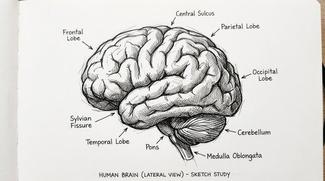 Lateral View Sketch of Human Brain Anatomy Human Brain Brain Anatomy Lateral View Sketch Study Frontal Lobe Parietal Lobe Occipital Lobe. Concept featuring human brain, brain anatomy, lateral view,...