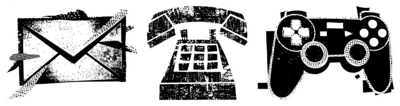 Retro communication symbols including letter, rotary phone, and gaming controller, rendered in halftone style, vector graphic, isolated elements.