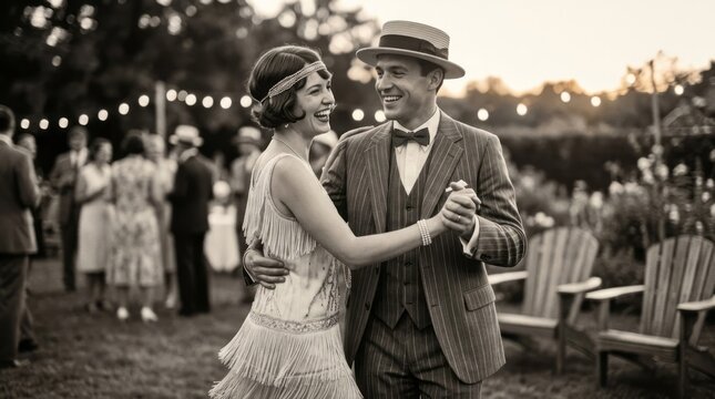 Vintage Couple Dancing at Outdoor Party Vintage Couple Dancing Outdoor Party 1920S Flapper Elegance. Concept featuring vintage, couple, dancing, outdoor party, 1920s for professional commercial des...