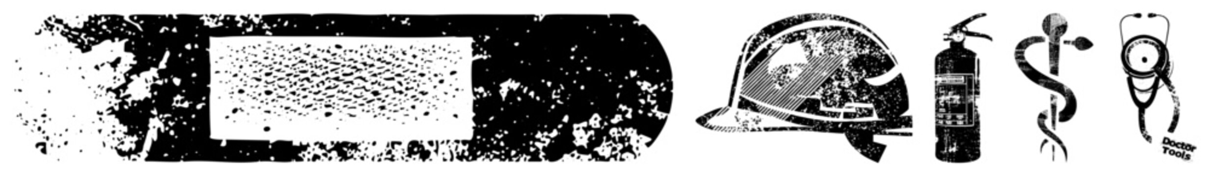 Safety helmet, fire extinguisher, medical caduceus, stethoscope (&ldquo;Doctor Tools&rdquo;), textured rectangle black and white vector, isolated for safety/healthcare branding.