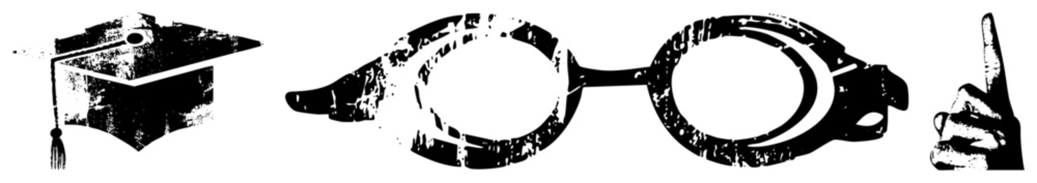 Symbolic representing education, vision, and achievement grad hat, old fashioned goggles, pointing finger stylized vector graphics with distressed texture.