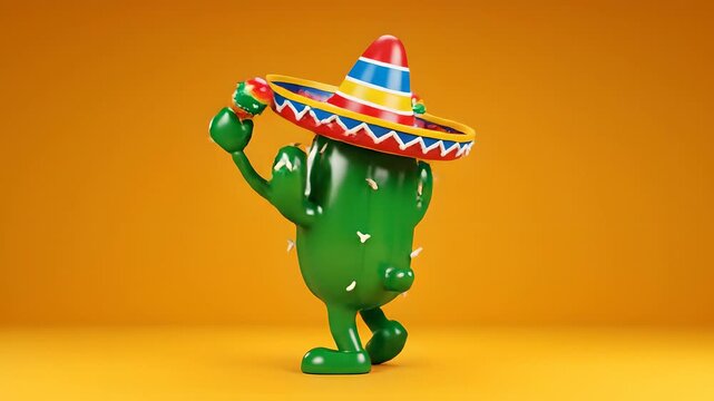 Cactus animado con sombrero y maracas bailando sobre fondo naranja, celebraci&oacute;n del Cinco de Mayo, personaje festivo mexicano para marketing, publicidad y contenido de redes