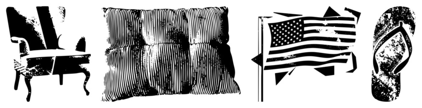 Distressed black and white vector ornate chair, striped cushion, waving flag, flip flop ideal for retro design, graphic, apparel, or web assets.