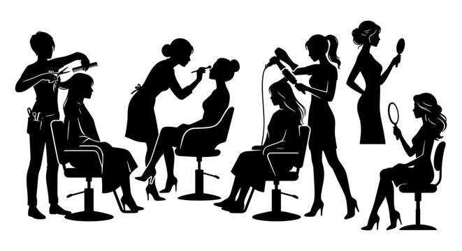 Hair salon silhouette collection, professional beauty parlor icons, female hairstylist and makeup artist set, black vector silhouettes of women in spa